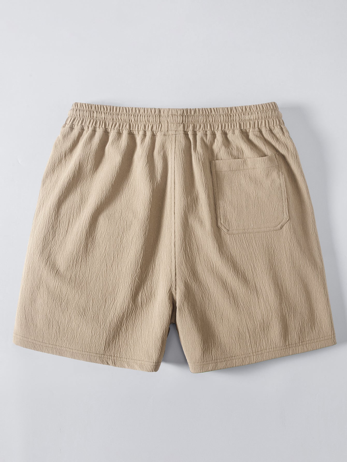 Short Sleeve Linen Look Stand Collar Shirt & Crinkle Textured Drawstring 5" Shorts
