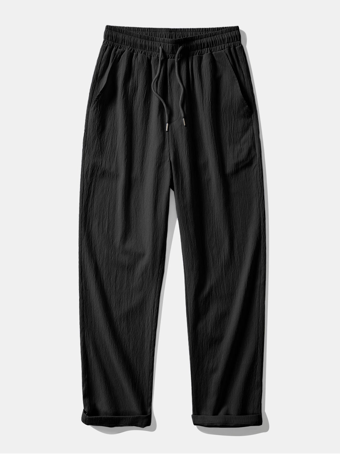 Contrast Textured Johnny Collar Knit Polo & Crinkle Textured Straight Leg Pants