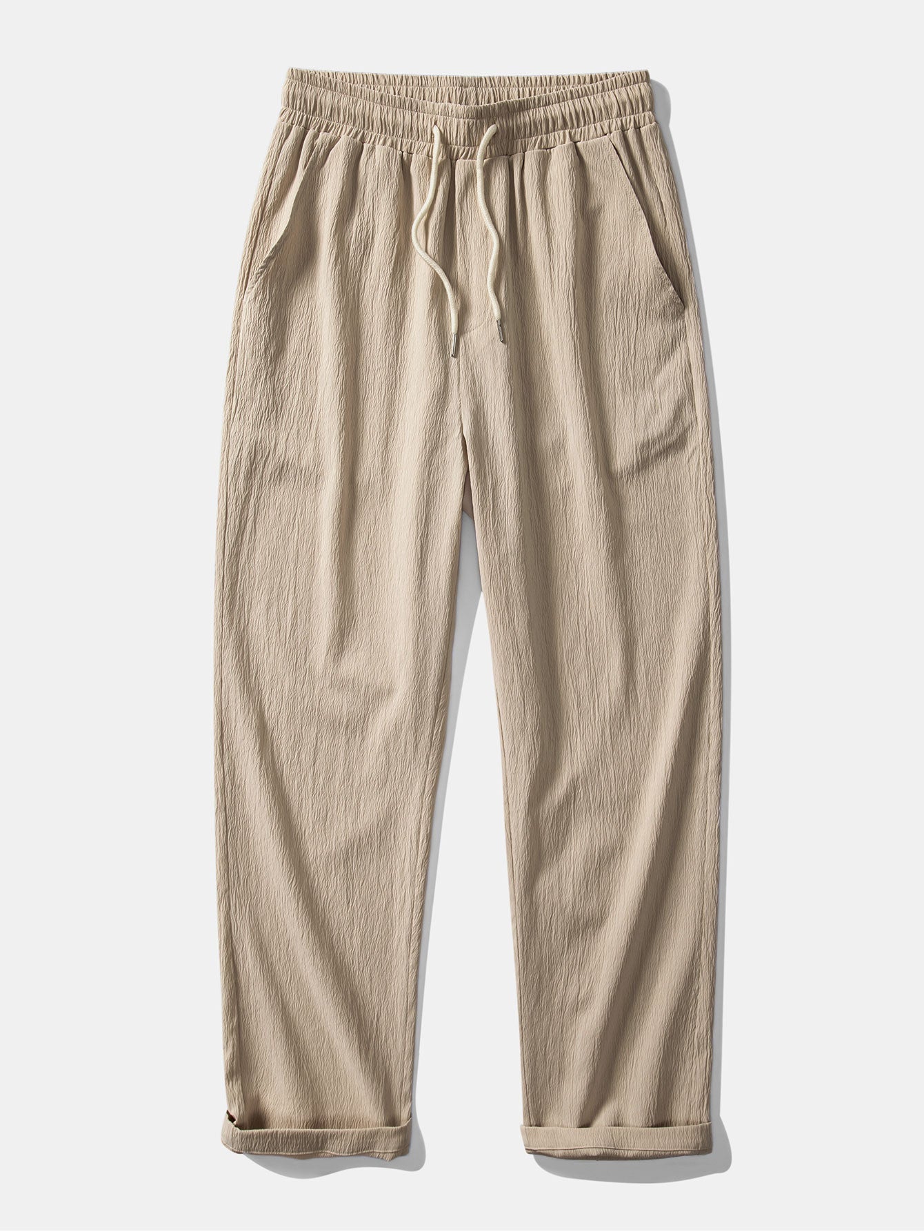 Contrast Stitching Linen Rayon Blend Cuban Shirt & Crinkle Textured Straight Leg Pants